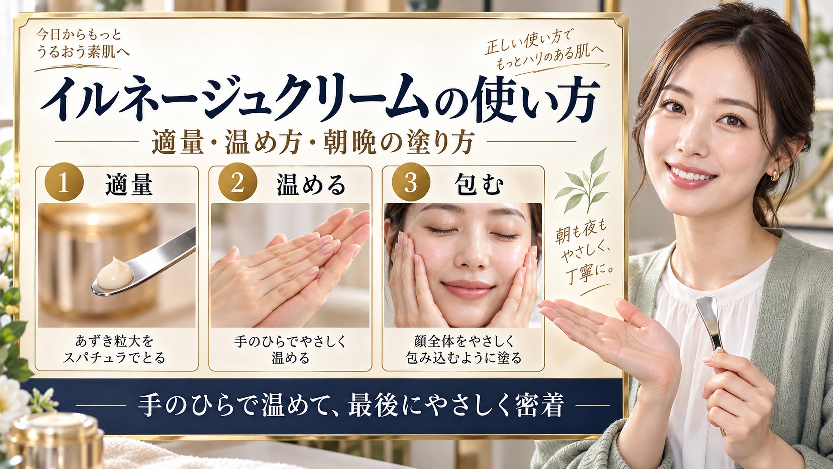 メナードイルネージュクリームの使い方を3ステップで示すアイキャッチ