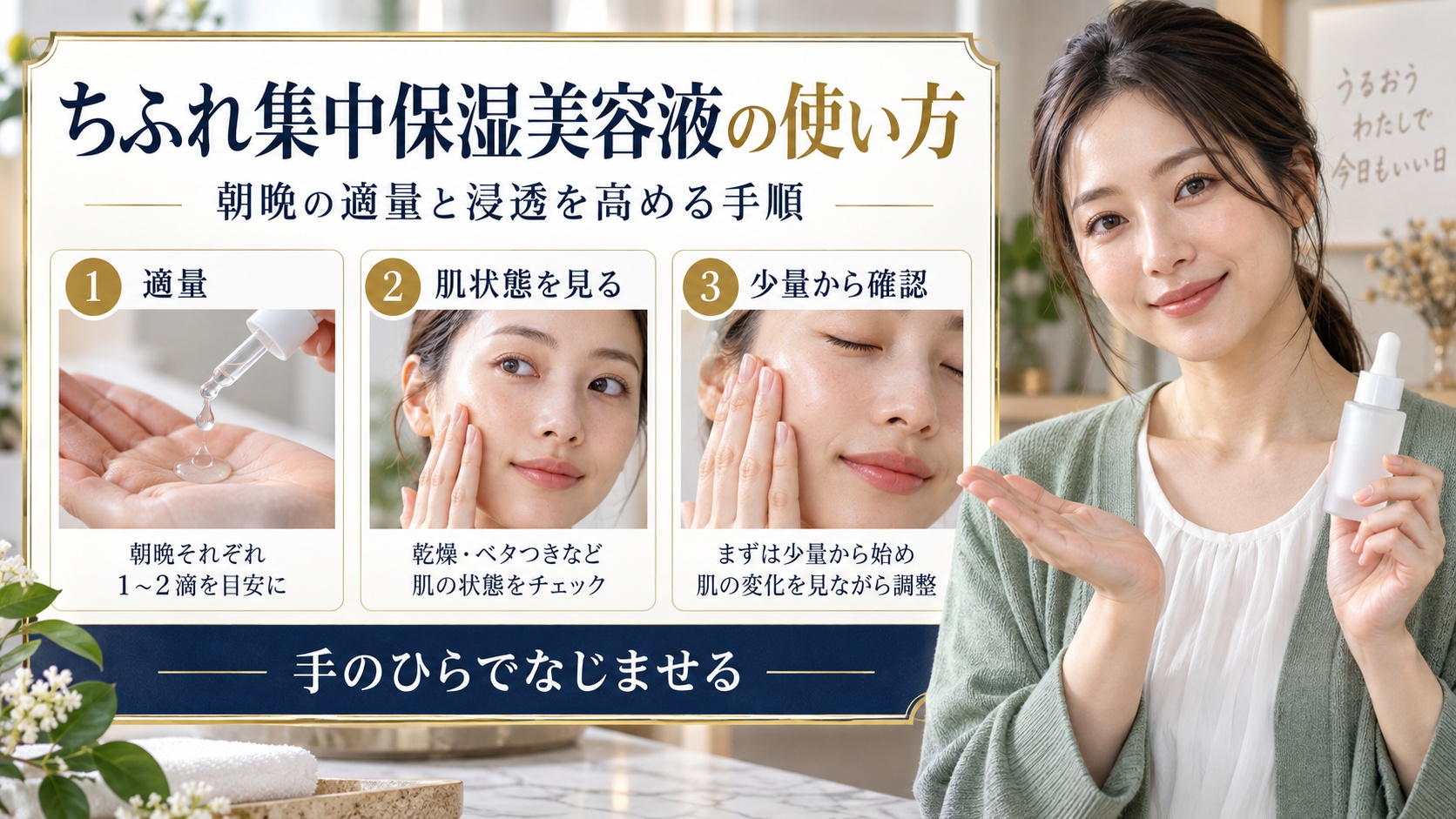 ちふれ集中保湿美容液の朝晩の使い方と適量を示すアイキャッチ