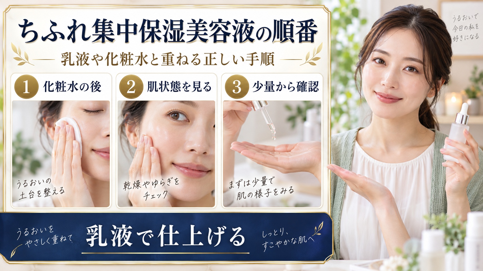 ちふれ集中保湿美容液と化粧水・乳液の順番を示すアイキャッチ