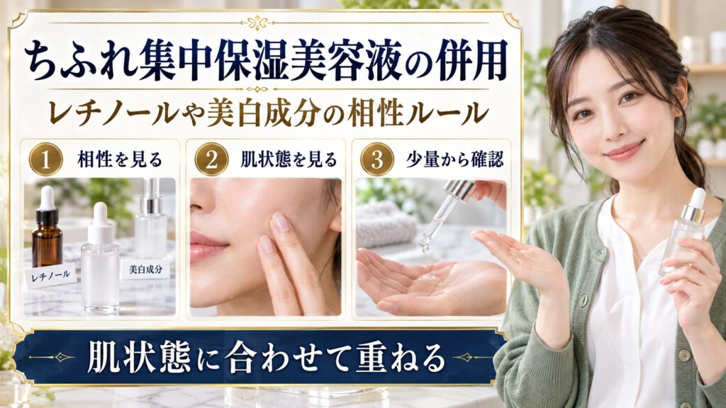 ちふれ集中保湿美容液とレチノールなどの併用相性を示すアイキャッチ