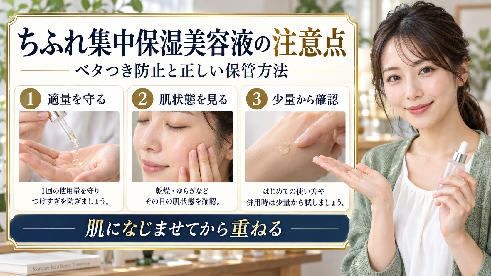 ちふれ集中保湿美容液のベタつき防止と保管方法を示すアイキャッチ