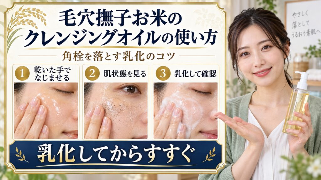 毛穴撫子お米のクレンジングオイルの使い方と乳化のコツを示すアイキャッチ