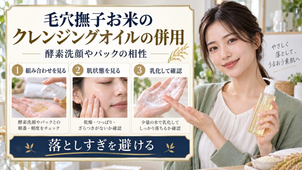 毛穴撫子お米のクレンジングオイルと酵素洗顔・パックの併用相性を示すアイキャッチ