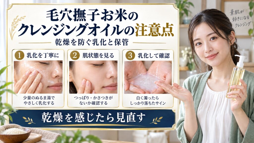 毛穴撫子お米のクレンジングオイルの乳化と注意点を示すアイキャッチ
