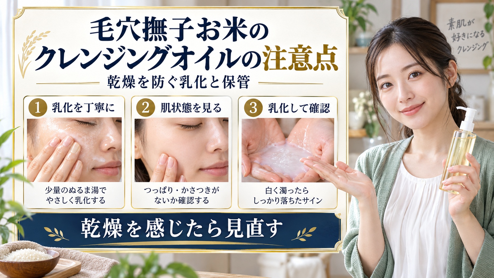 毛穴撫子お米のクレンジングオイルの乳化と注意点を示すアイキャッチ