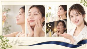 メラノCC美白ミスト化粧水の吹きかけ方と朝晩の手順を示すアイキャッチ