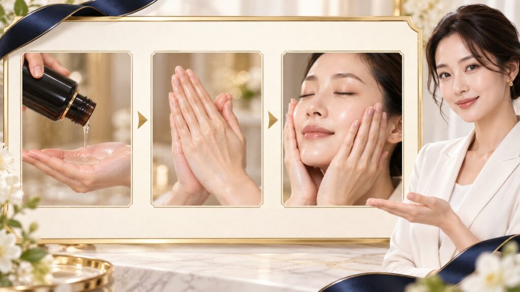 SUQQUヴィアルムザローションを手で使う艶肌手順を示すアイキャッチ