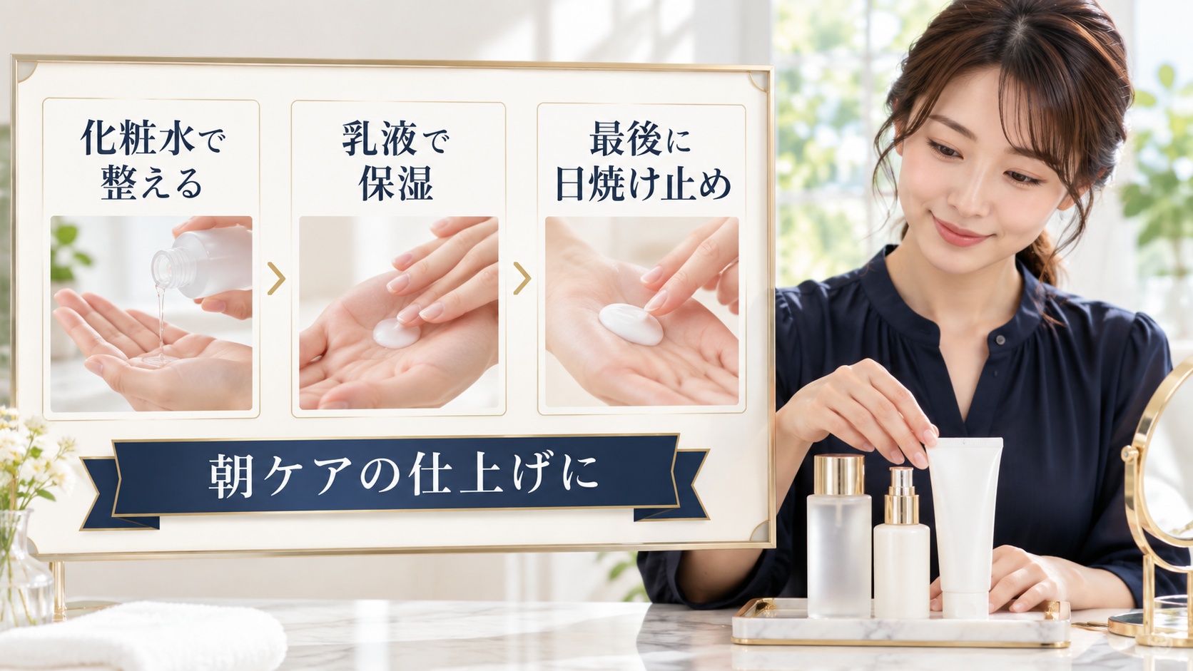 ミシャエッセンスサンスクリーンを使う順番を示すアイキャッチ