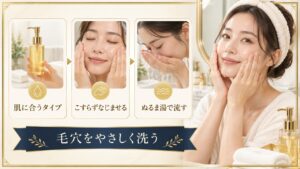 ニキビ肌のオイルクレンジングと毛穴洗浄手順を示すアイキャッチ