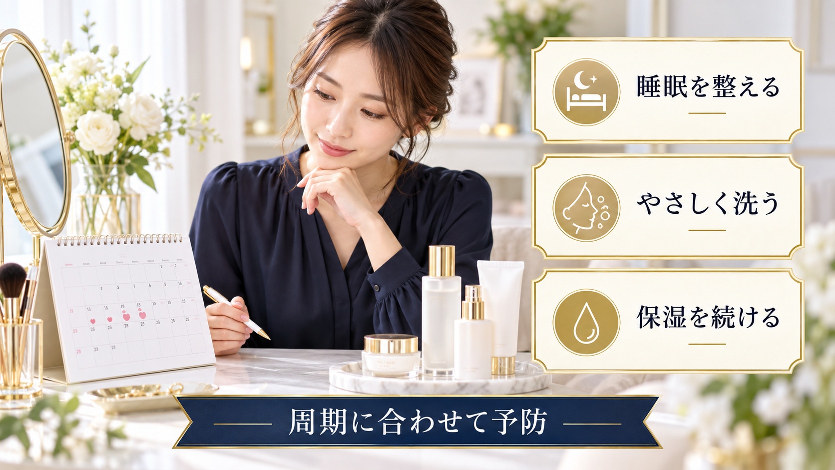 生理前ニキビの予防手順を示すアイキャッチ