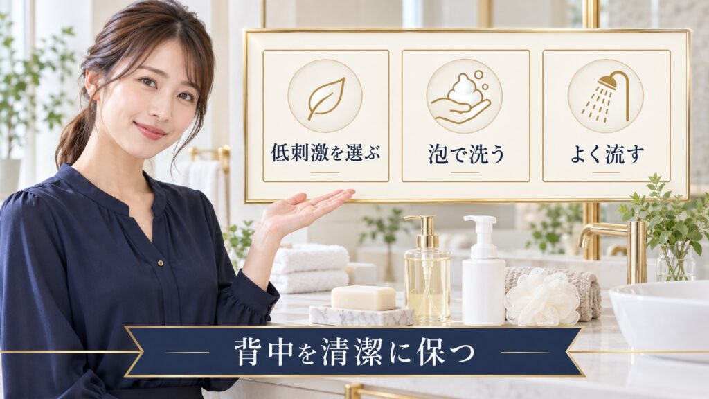 背中ニキビを防ぐ洗い方を示すアイキャッチ
