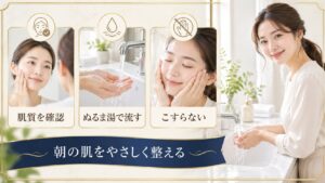 朝の水洗顔の肌質別手順を示すアイキャッチ