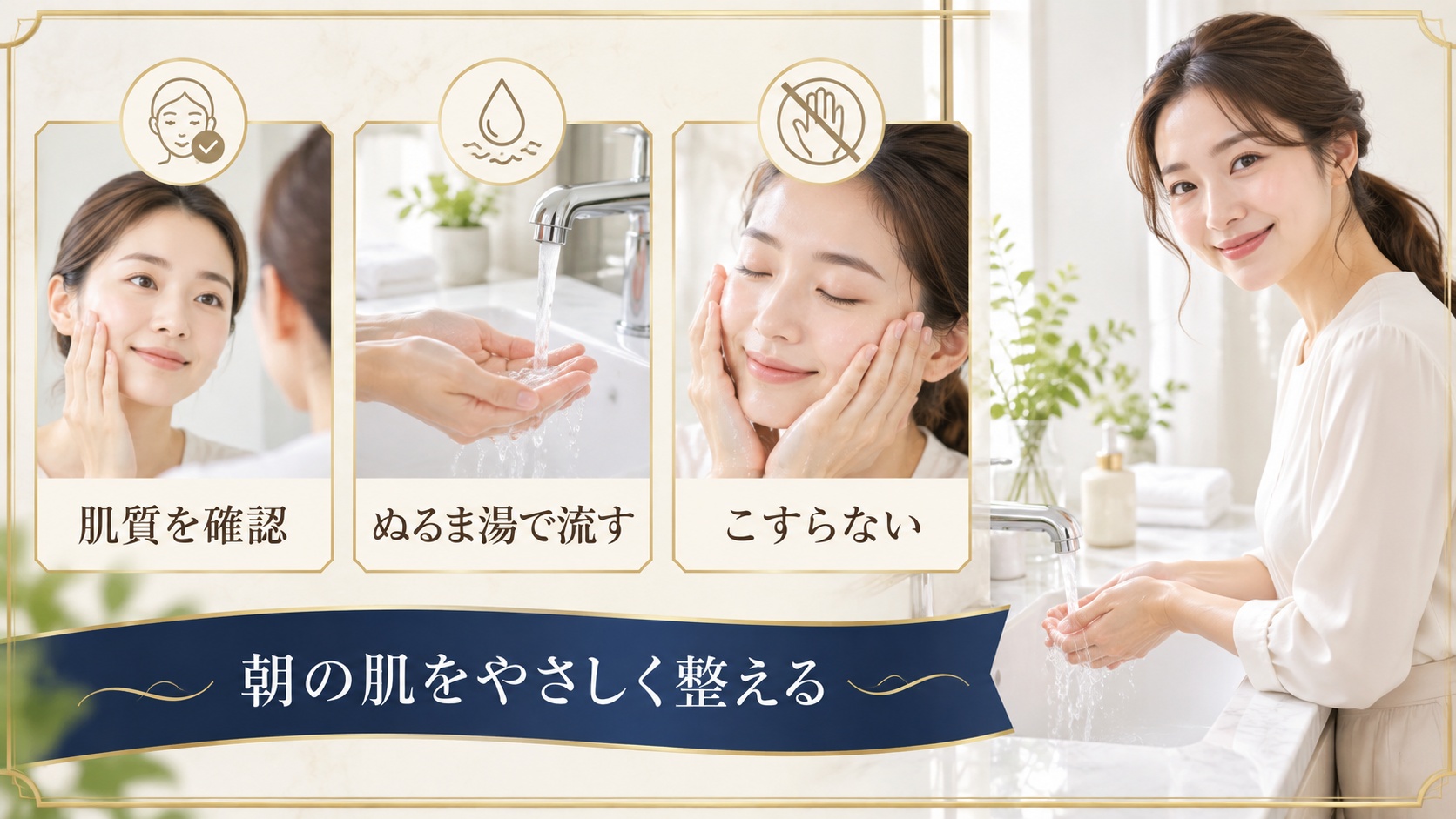 朝の水洗顔の肌質別手順を示すアイキャッチ