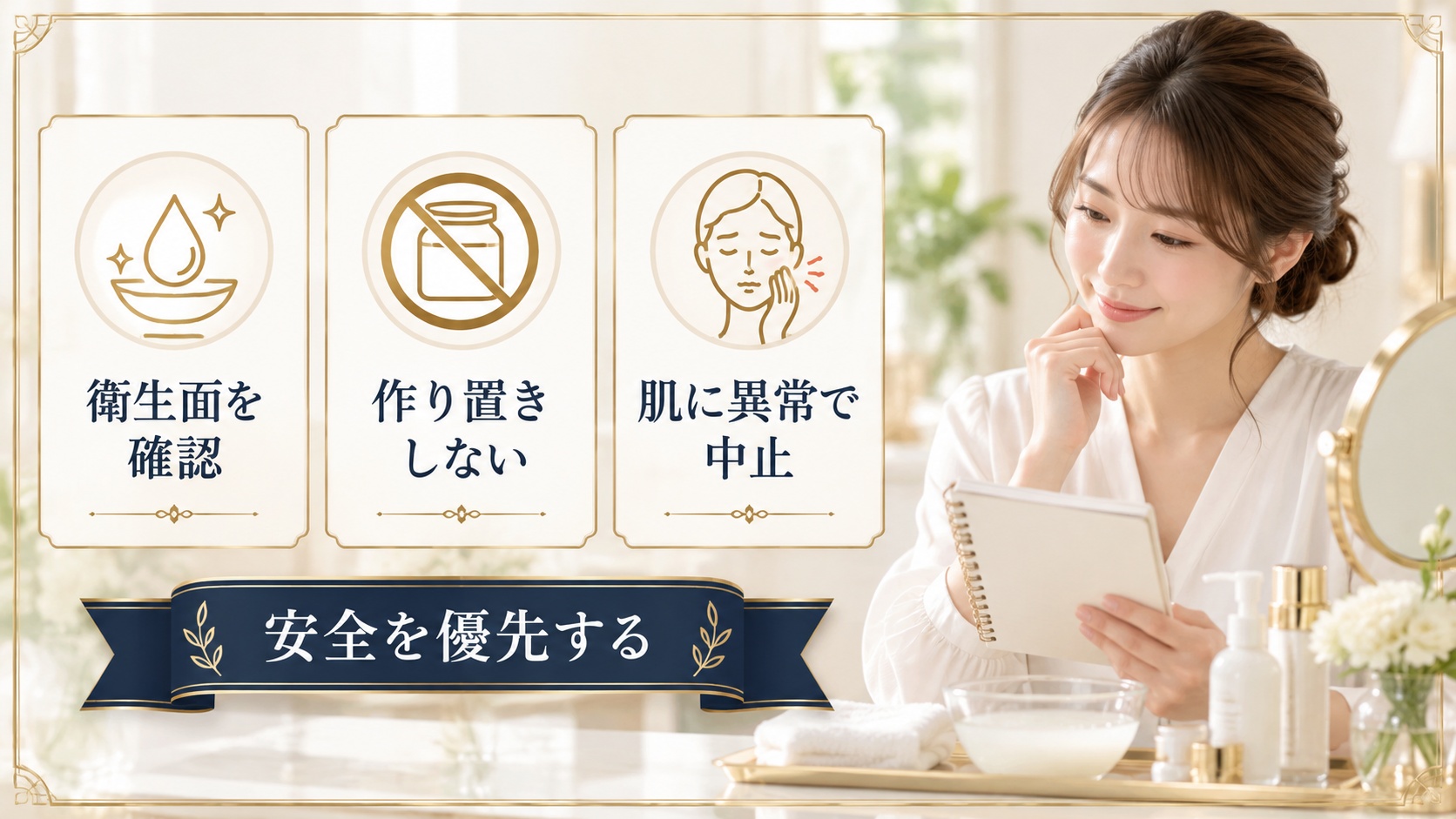 米のとぎ汁洗顔の安全なケア手順を示すアイキャッチ