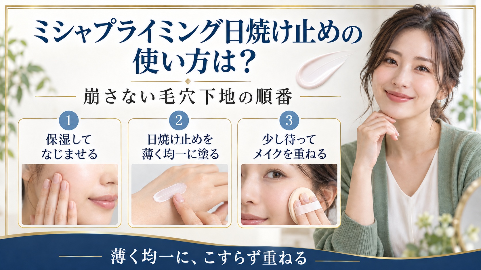 ミシャプライミング日焼け止めを崩さず使う順番を示す美容ボード