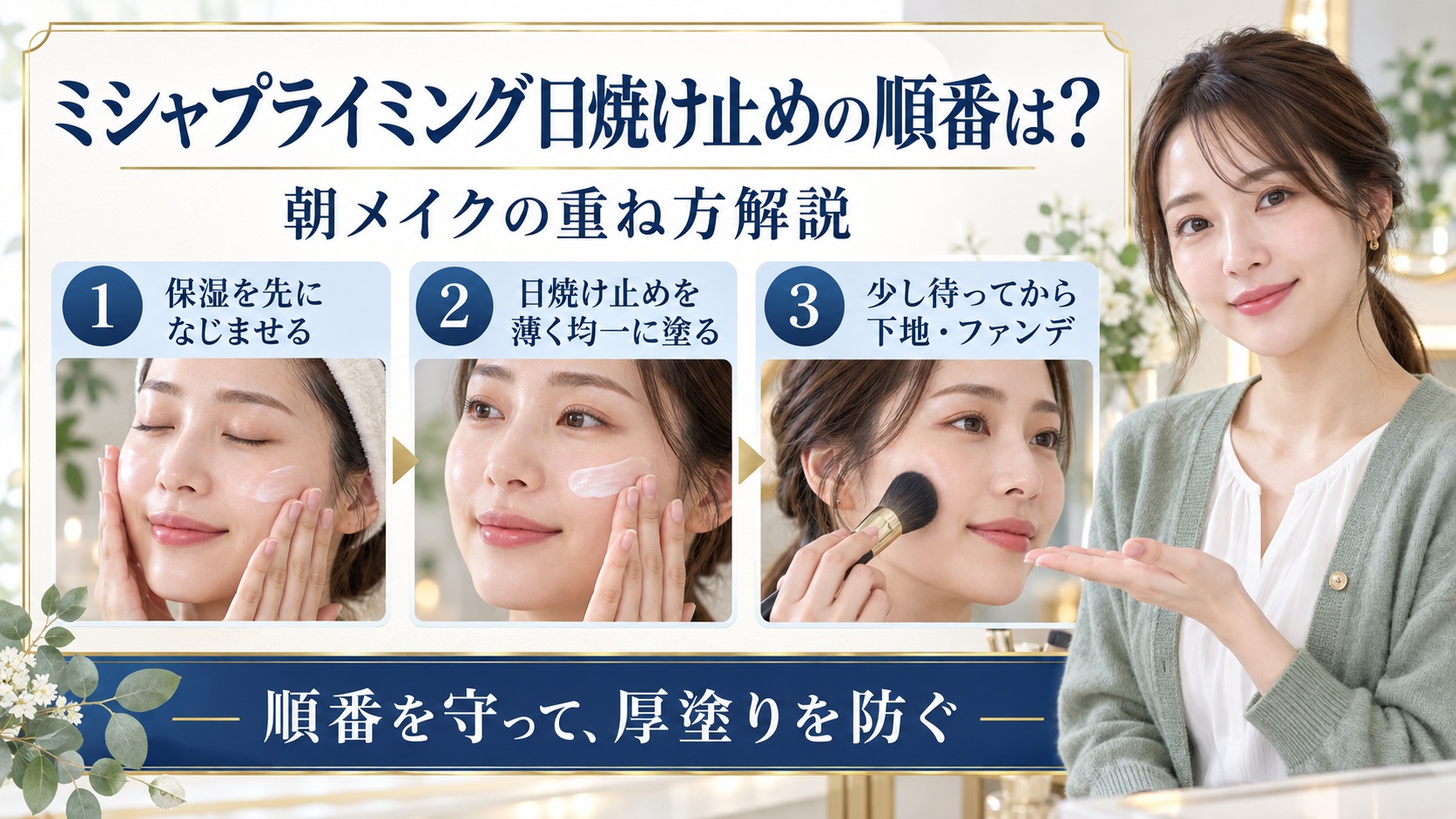 ミシャプライミング日焼け止めを朝メイクで重ねる順番を示す美容ボード