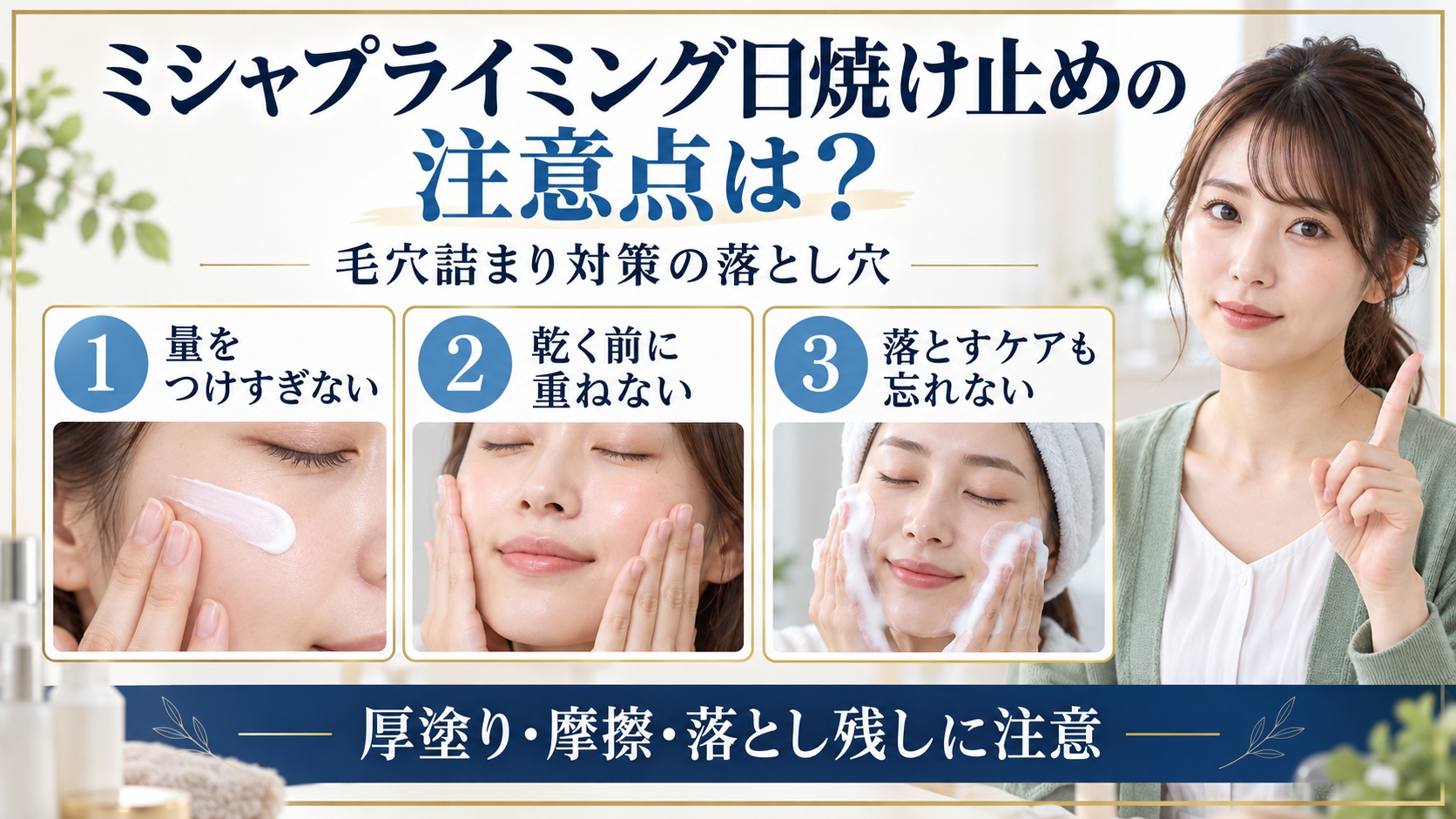 ミシャプライミング日焼け止めの注意点と毛穴詰まり対策を示す美容ボード