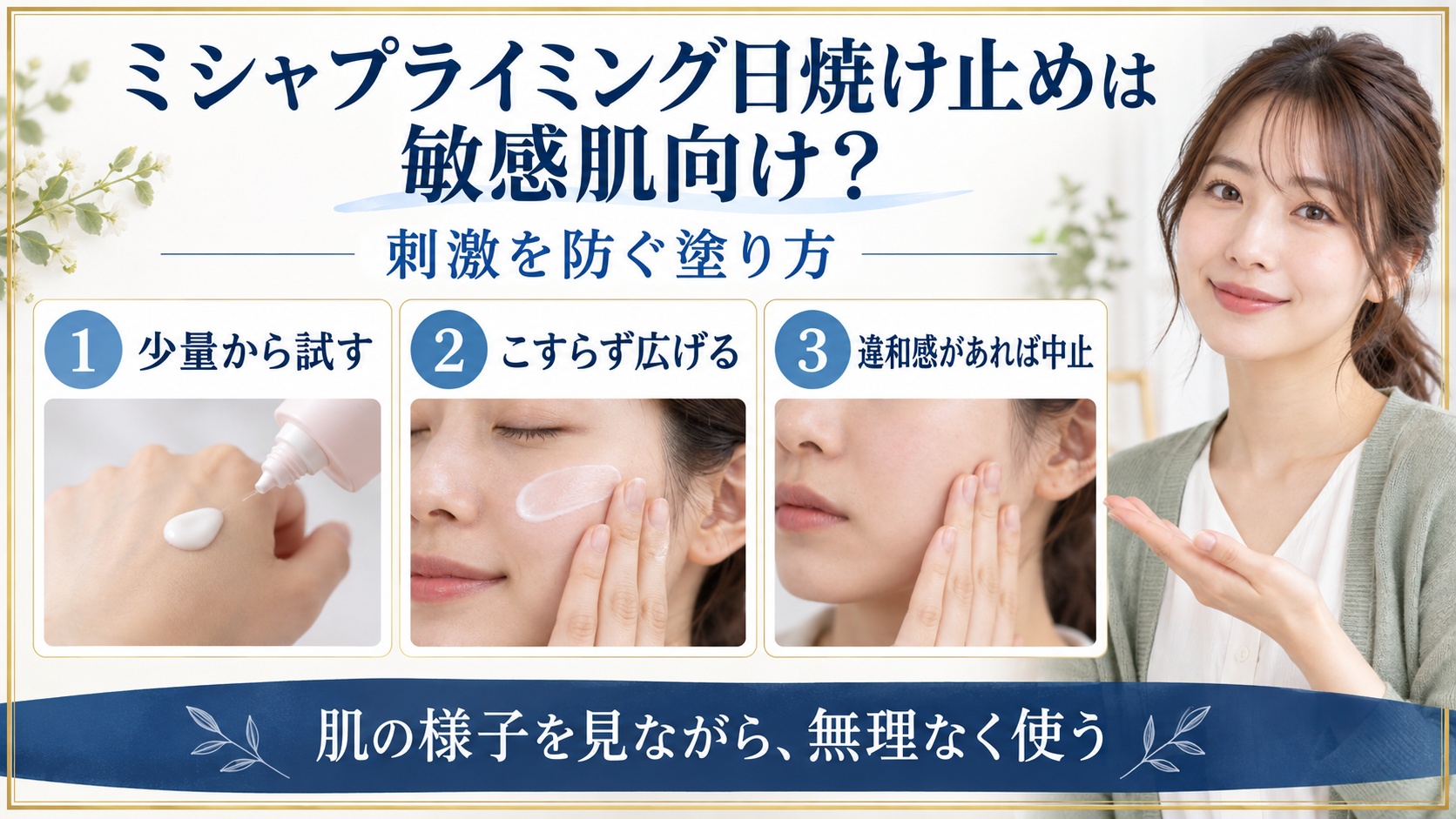 ミシャプライミング日焼け止めを敏感肌で使う塗り方を示す美容ボード