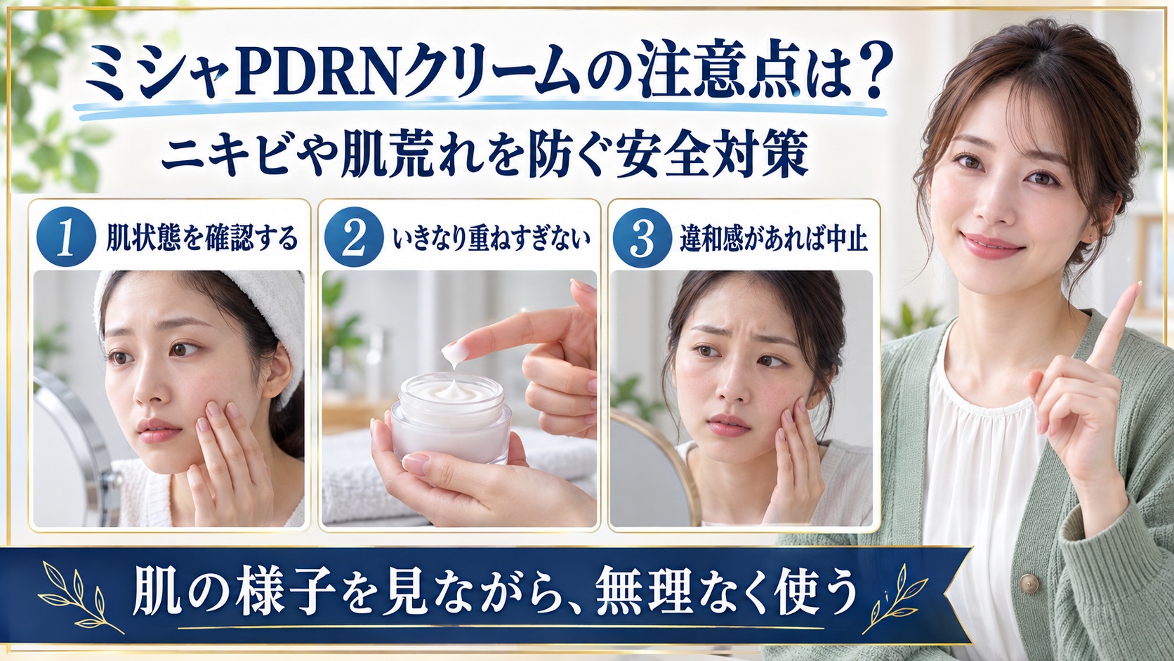 ミシャPDRNクリームの注意点と安全対策を示す美容ボード