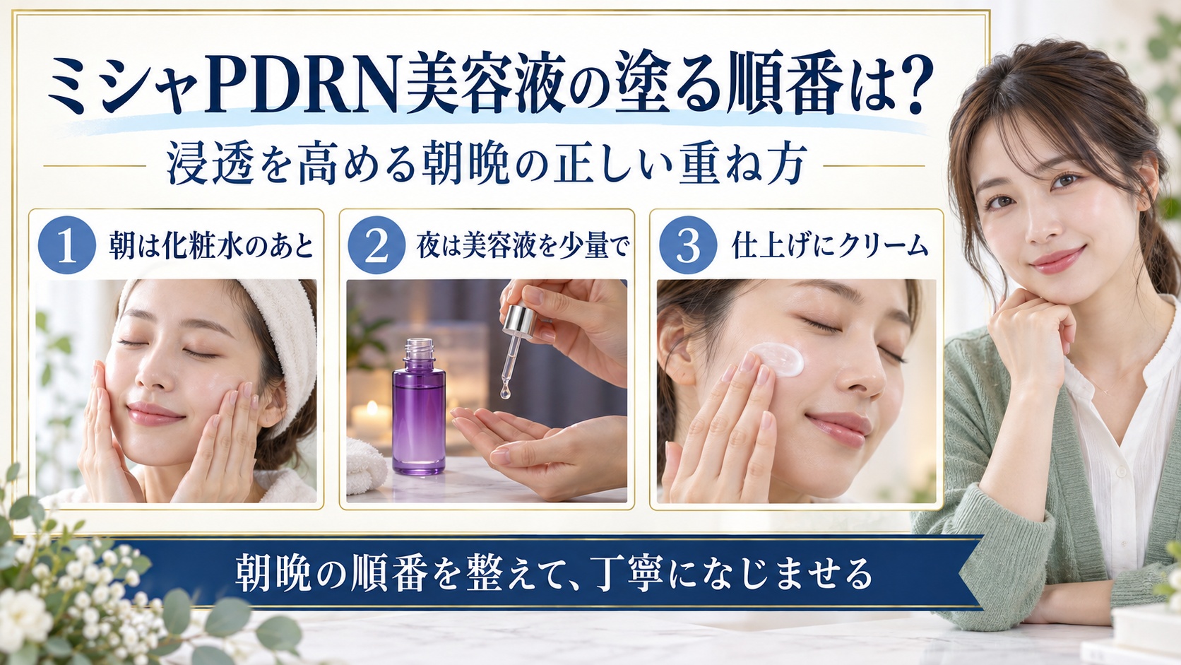 ミシャPDRN美容液を朝晩に使う順番を示す美容ボード