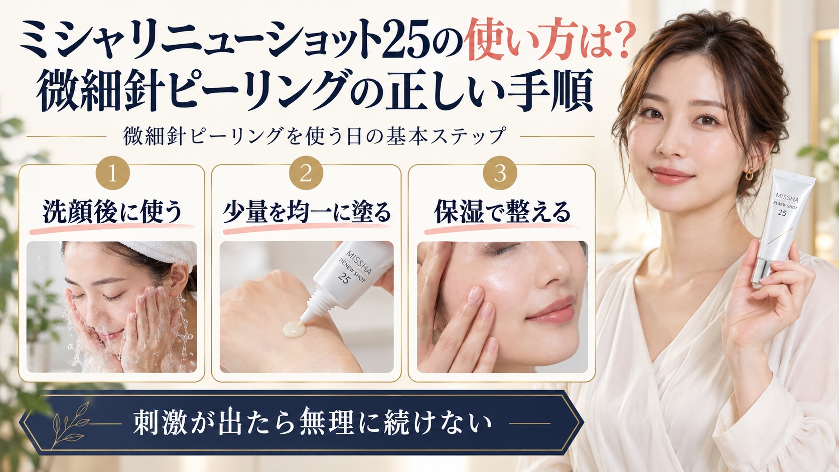 ミシャリニューショット25の微細針ピーリング手順を示す美容ボード