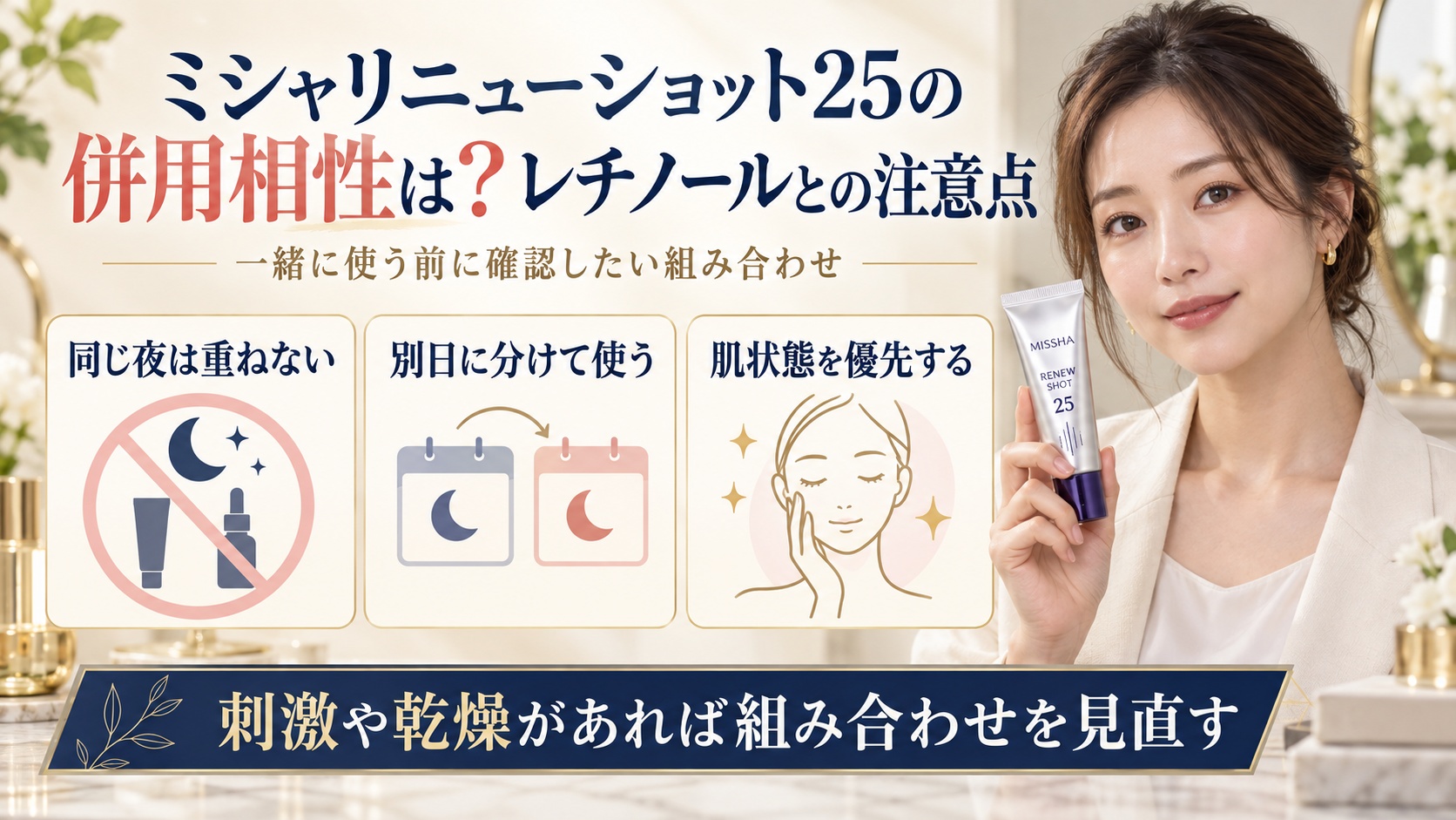 ミシャリニューショット25とレチノールの併用注意点を示す美容ボード