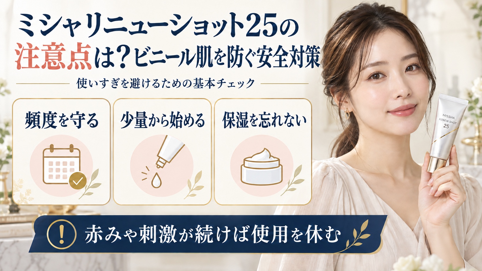 ミシャリニューショット25の使いすぎを避ける安全対策を示す美容ボード