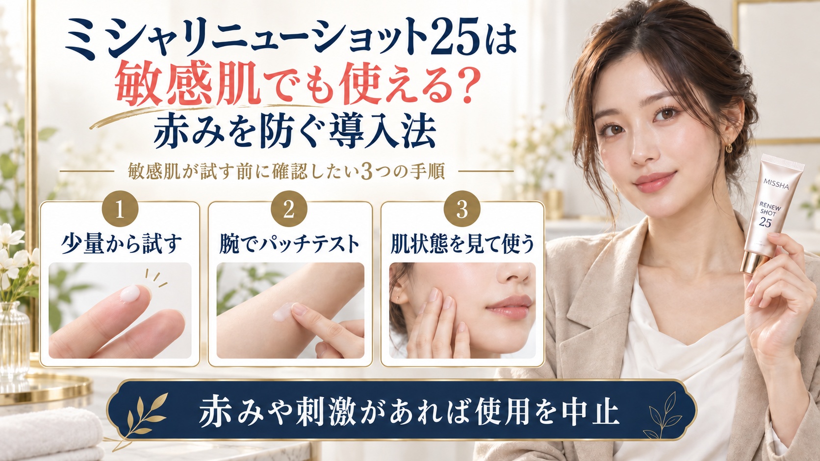 ミシャリニューショット25を敏感肌が試す導入法を示す美容ボード