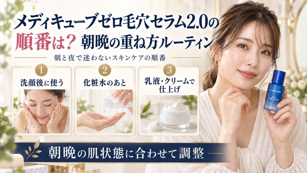 メディキューブゼロ毛穴セラム2.0の朝晩の重ね方を示す美容ボード