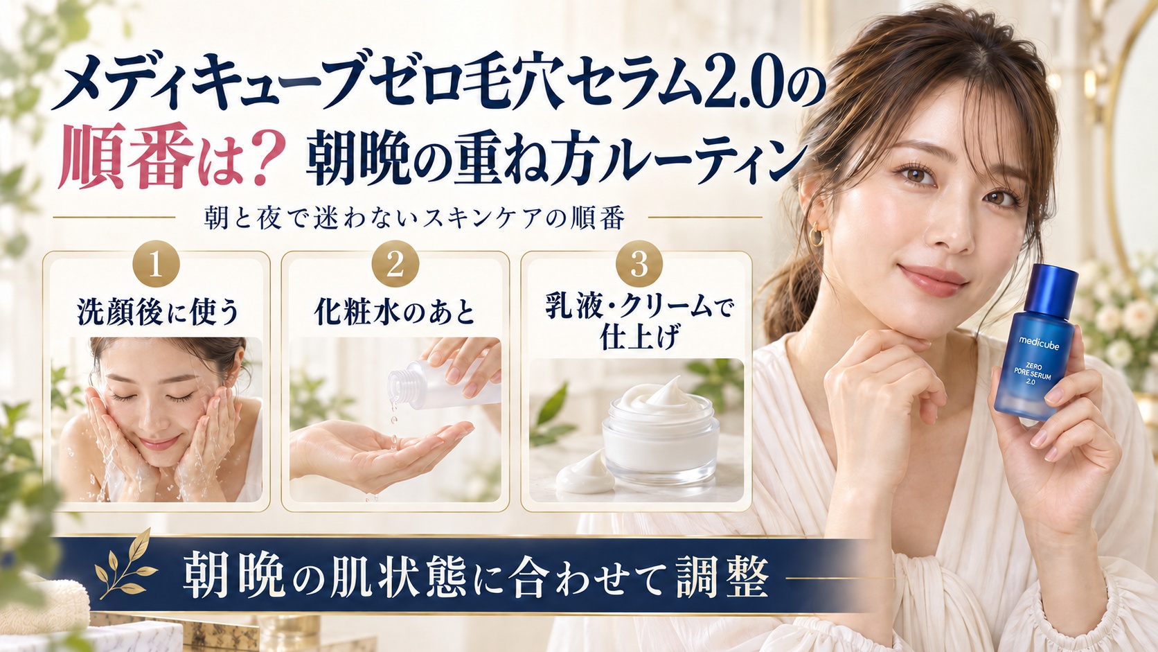 メディキューブゼロ毛穴セラム2.0の朝晩の重ね方を示す美容ボード