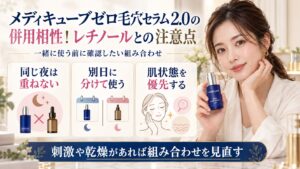メディキューブゼロ毛穴セラム2.0とレチノールの併用注意点を示す美容ボード