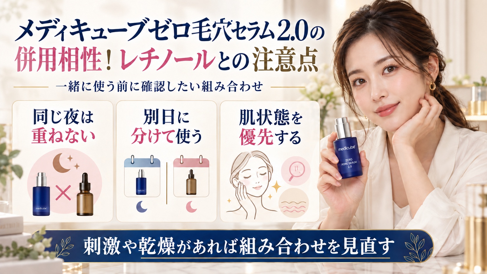 メディキューブゼロ毛穴セラム2.0とレチノールの併用注意点を示す美容ボード