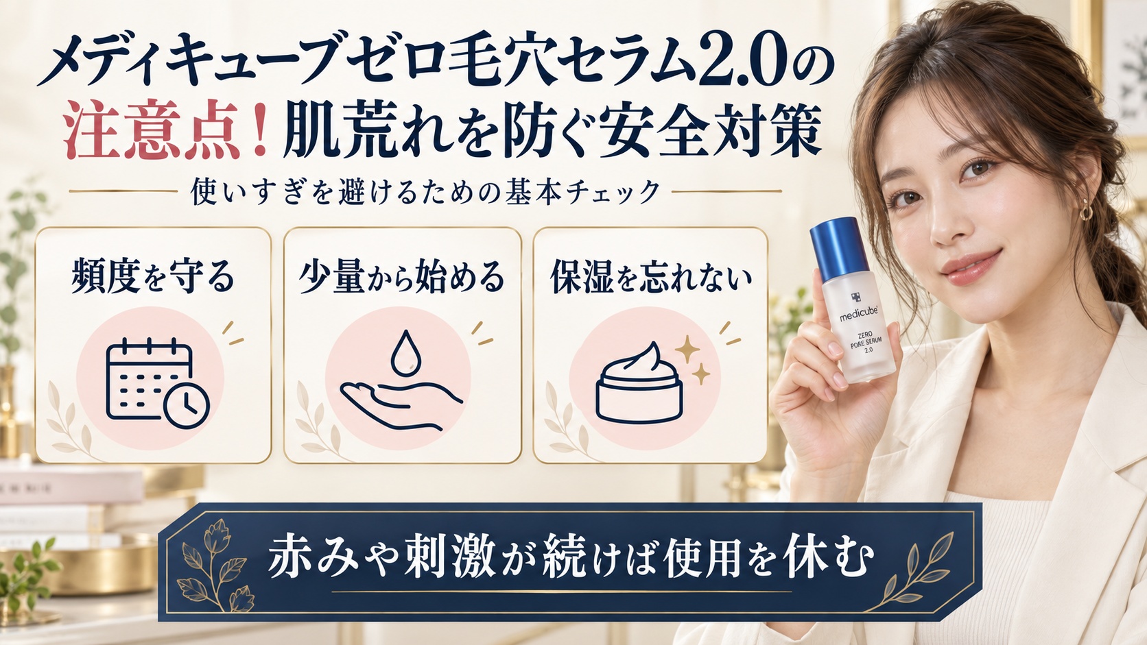 メディキューブゼロ毛穴セラム2.0の肌荒れを防ぐ安全対策を示す美容ボード