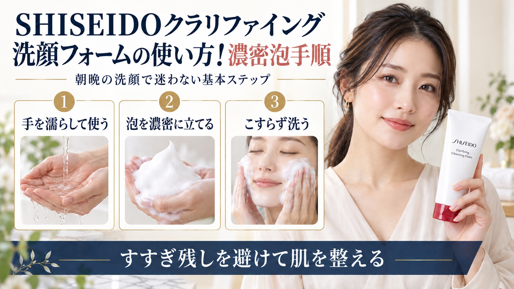 SHISEIDOクラリファイング洗顔フォームの濃密泡手順を示す美容ボード