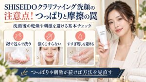 SHISEIDOクラリファイング洗顔のつっぱりと摩擦を避ける方法を示す美容ボード
