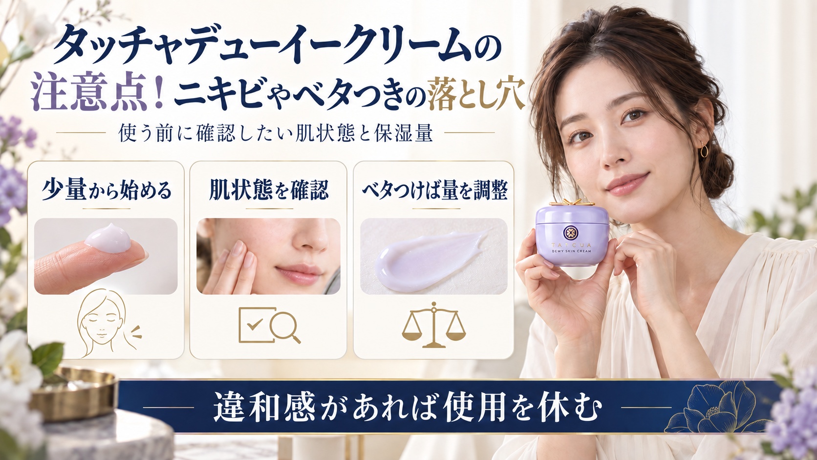 タッチャデューイークリームのニキビやベタつきを避ける注意点を示す美容ボード