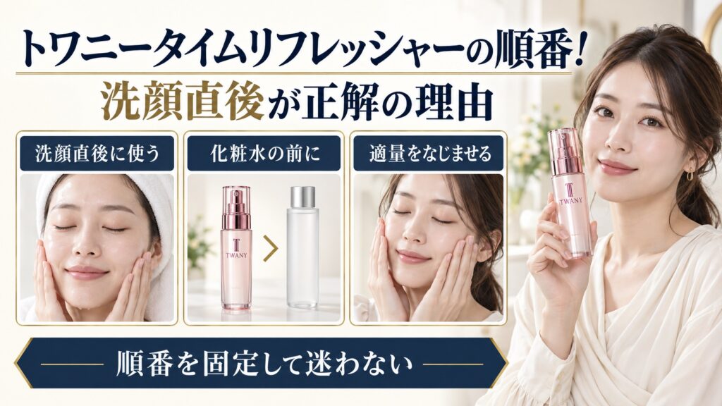 トワニータイムリフレッシャーを洗顔直後に使う順番を示す美容ボード
