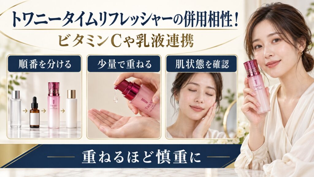トワニータイムリフレッシャーとビタミンCや乳液を併用するときの注意点を示す美容ボード