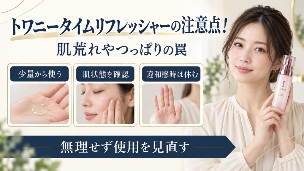 トワニータイムリフレッシャーで肌荒れやつっぱりを避ける注意点を示す美容ボード