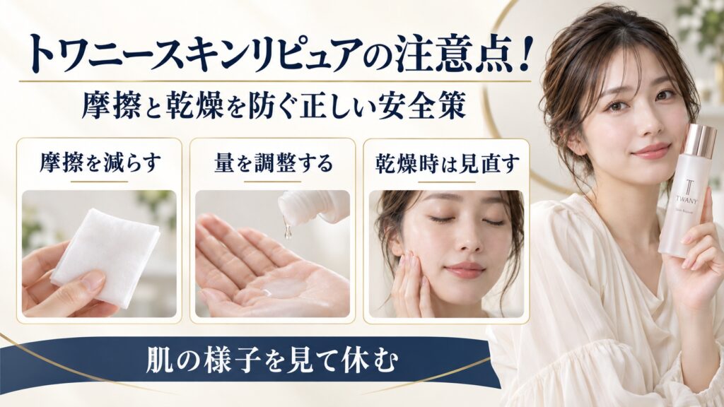 トワニースキンリピュアの摩擦や乾燥を避ける注意点を示す美容ボード