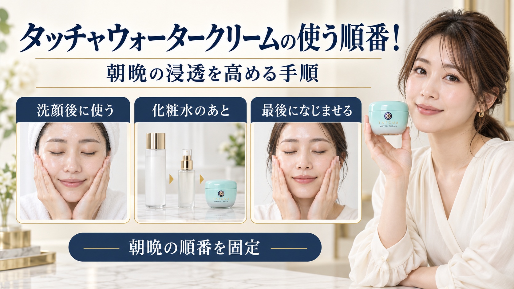 タッチャウォータークリームを朝晩に使う正しい順番を示す美容ボード