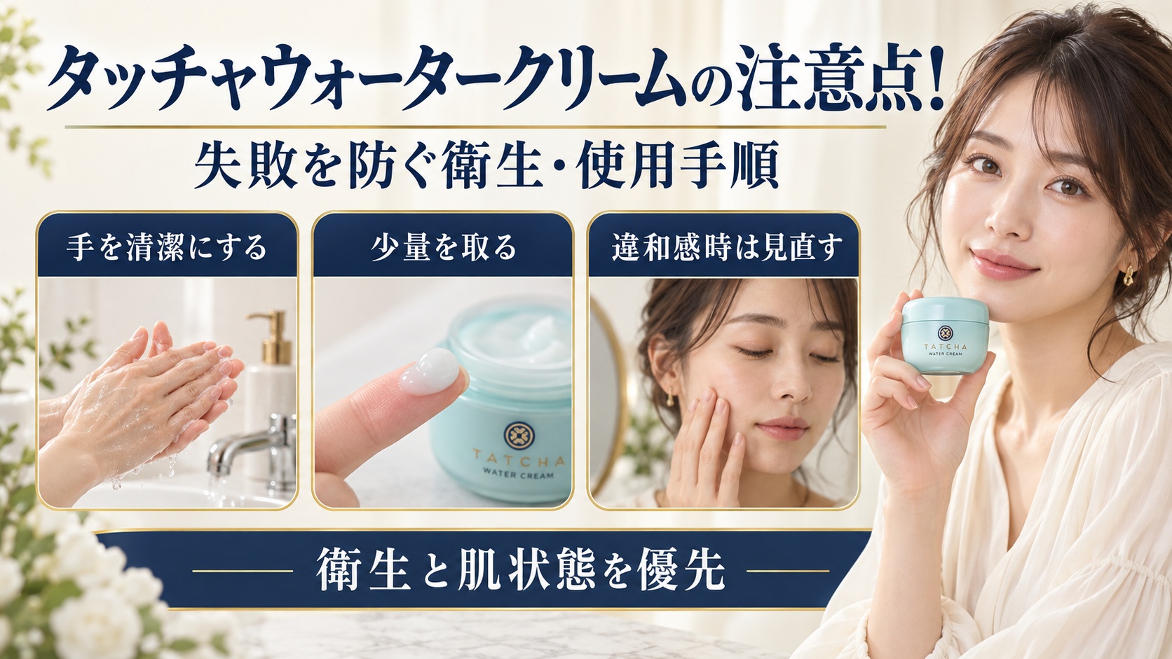 タッチャウォータークリームの衛生面と使用手順の注意点を示す美容ボード