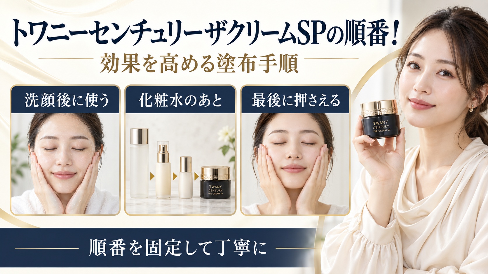 トワニーセンチュリーザクリームSPを使う順番と塗布手順を示す美容ボード