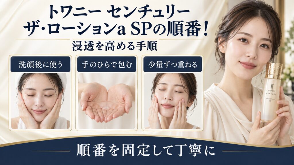 トワニー センチュリー ザ・ローションa SPを使う正しい順番を示す美容ボード