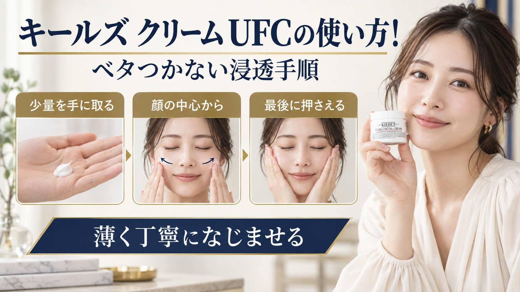 キールズ クリーム UFCをベタつかせず使う手順を示す美容ボード