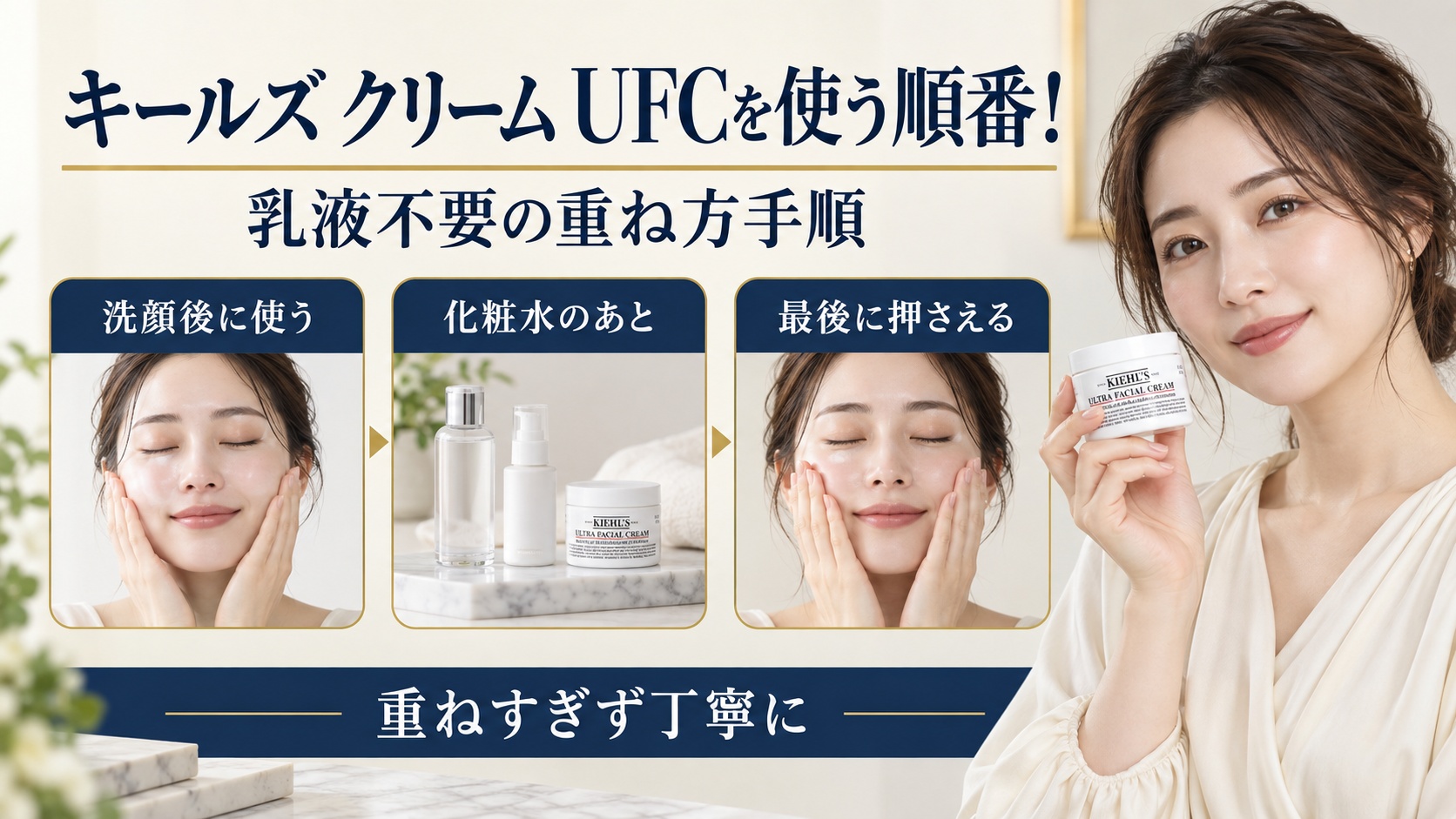 キールズ クリーム UFCを乳液と重ねる順番と手順を示す美容ボード