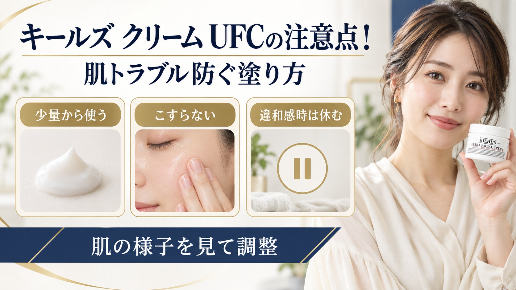 キールズ クリーム UFCで肌トラブルを避ける塗り方の注意点を示す美容ボード