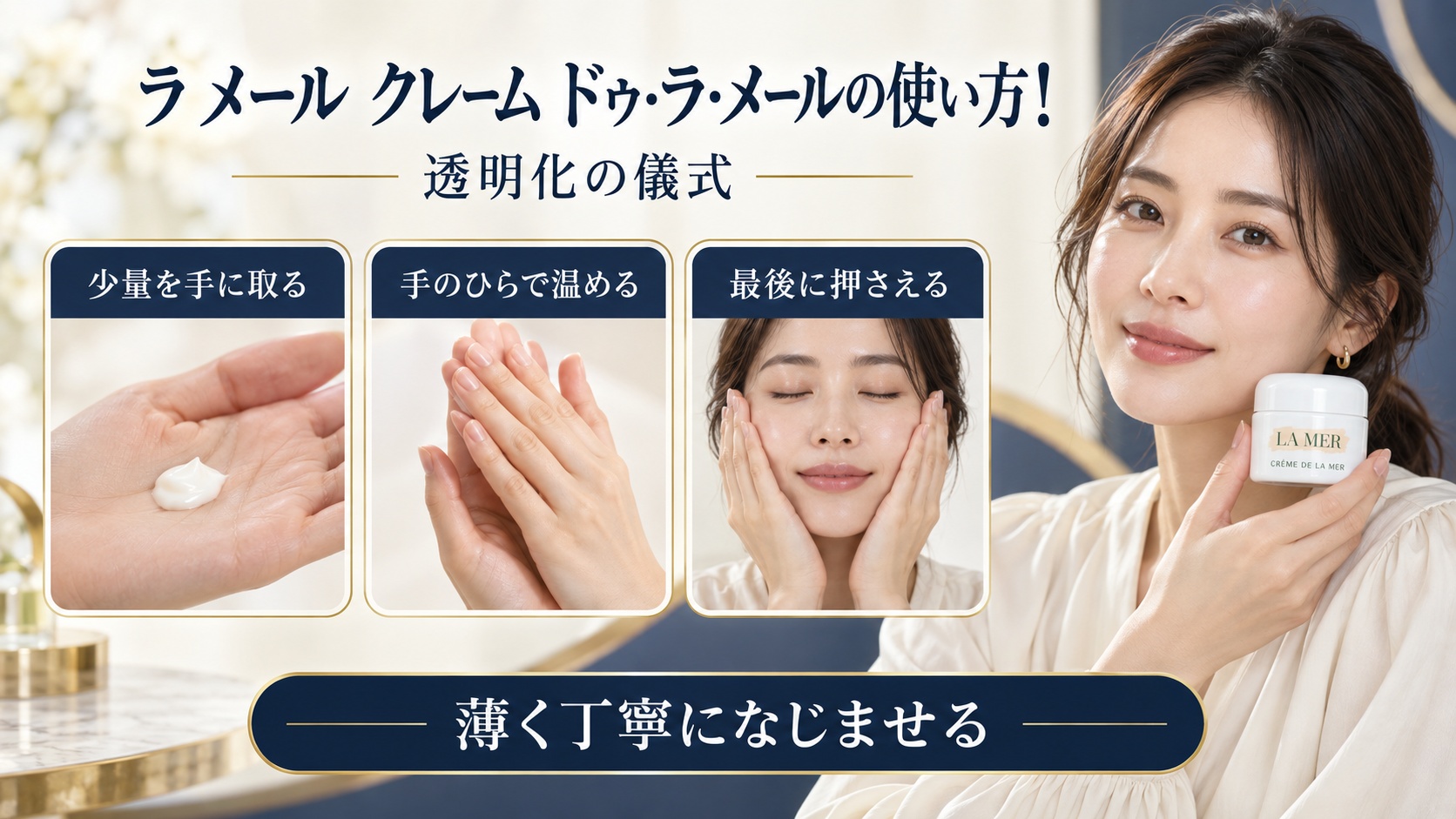 ラ メール クレーム ドゥ・ラ・メールを使う手順と適量を示す美容ボード