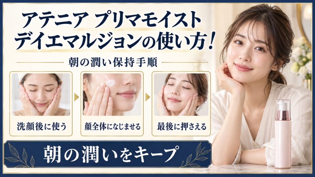 アテニア プリマモイスト デイエマルジョンの朝の使い方を示す美容ボード