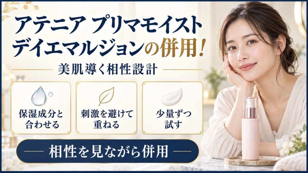 アテニア プリマモイスト デイエマルジョンの併用と相性設計を示す美容ボード